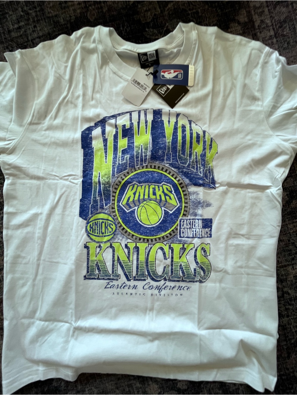 New Era White Tee with Blue and Neon Green Graphic
